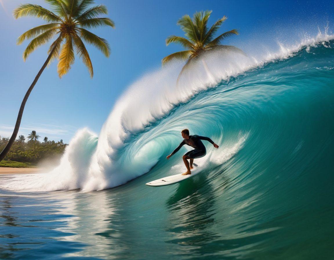 A dynamic scene capturing a surfer skillfully riding a massive ocean wave, showcasing their balance and technique. Include vibrant splashes of water and sunlight glistening on the surf. In the background, a stunning view of a tropical beach with palm trees swaying. Emphasize the movement and energy of the ocean, representing the thrill of surfing. bright colors. super-realistic.
