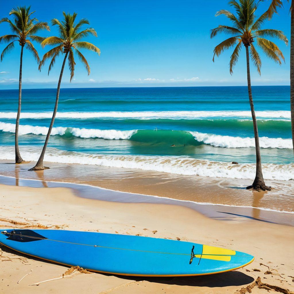 A dynamic scene of surfers riding large waves under a vibrant blue sky, with palm trees swaying on the beach in the background. Include colorful surfboards scattered across the sand, and beachgoers enjoying the sun. A distant coastal town can be seen along the horizon, emphasizing the culture of coastal living. The composition should evoke a sense of adventure and freedom. super-realistic. vibrant colors.