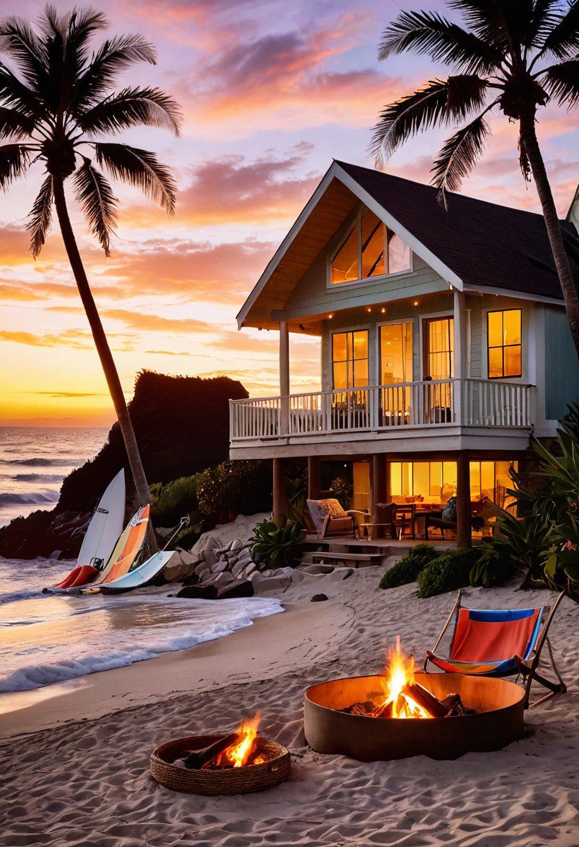 A serene beach scene at sunset, featuring a cozy beach house with hammocks, surfboards propped against the walls, and colorful beach accessories scattered around. In the foreground, a family is enjoying a bonfire, roasting marshmallows while ocean waves gently crash nearby. Palm trees sway in the breeze, creating a tropical vibe full of adventure and relaxation. super-realistic. warm tones. vibrant colors.